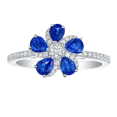 Blue Sapphire and Diamond Flower Ring in White Gold