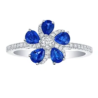 Blue Sapphire and Diamond Flower Ring in White Gold