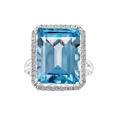 White Gold Emerald Cut Swiss Blue Topaz and Diamond Ring