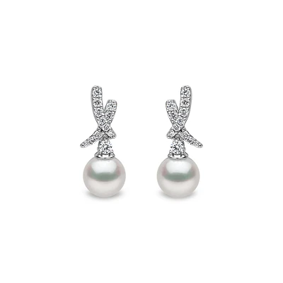 Sleek White Gold, Pearl and Diamond Pavé Cross Stud Earrings