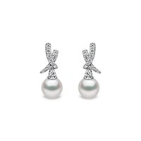Sleek White Gold, Pearl and Diamond Pavé Cross Stud Earrings