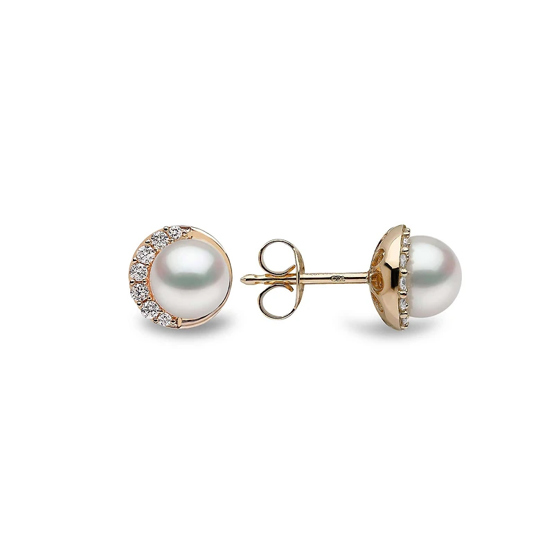 Trend Yellow Gold Pearl and Diamond Stud Earrings