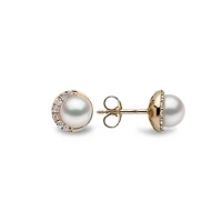Trend Yellow Gold Pearl and Diamond Stud Earrings
