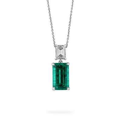 Emerald Octagon-Cut Pendant with Diamonds in White Gold