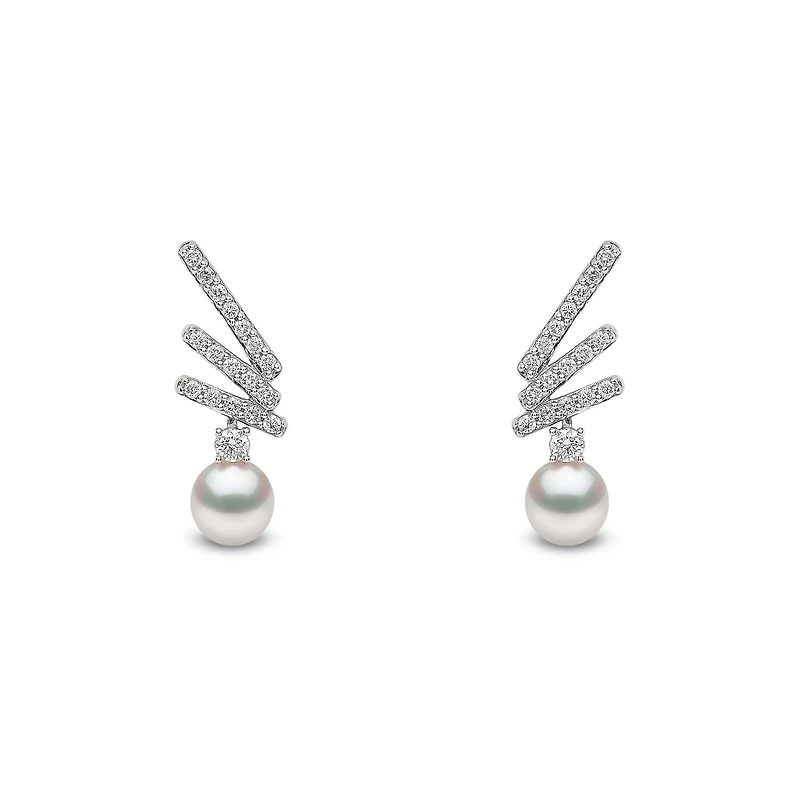 Sleek White Gold Pearl and Diamond Earrings