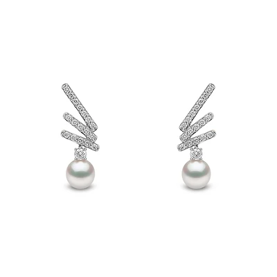 Sleek White Gold Pearl and Diamond Earrings