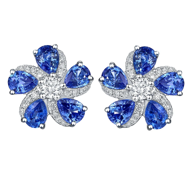 Sapphire and Diamond Flower Earrings in White Gold