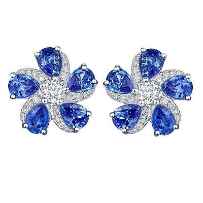 Sapphire and Diamond Flower Earrings in White Gold