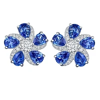 Sapphire and Diamond Flower Earrings in White Gold