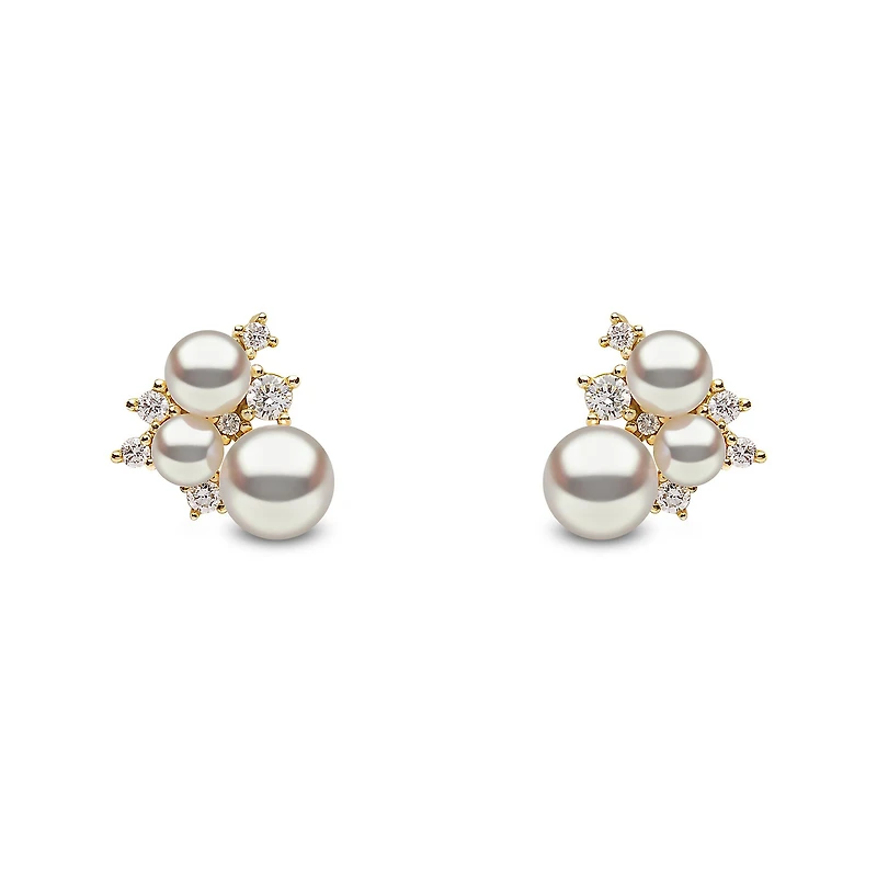 Trend Yellow Gold Pearl and Diamond Stud Earrings
