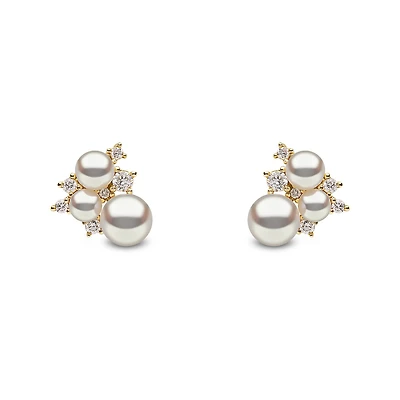 Trend Yellow Gold Pearl and Diamond Stud Earrings