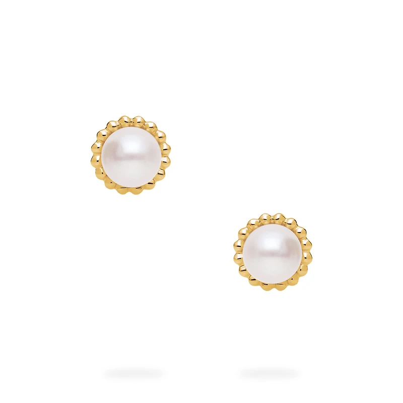 Yellow Gold Bead and Freshwater Pearl Earrings