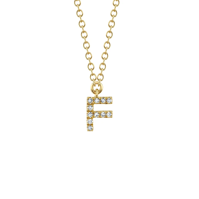 Initials Yellow Gold and Diamond Pavé Letter F Necklace