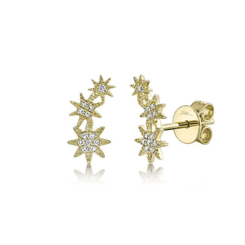 Kate Yellow Gold and Diamond Pavé Triple Star Stud Earrings
