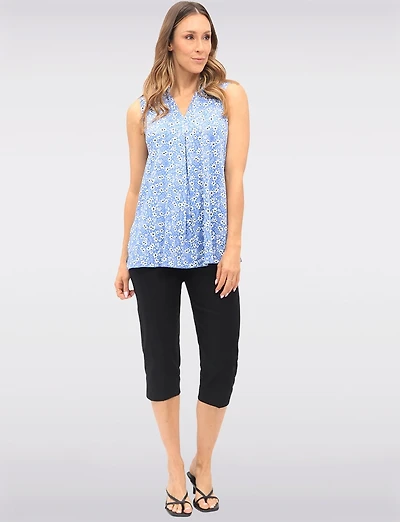 Blouse Sans Manches Florale Extensible avec Plis Devant Fentes & Col V par Vamp
