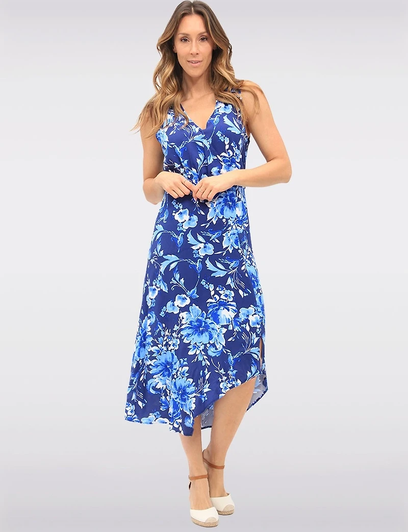 Robe Chic Sans Manches À Col en V Cache-cœur Floral Ourlet Haut-bas Par GWV