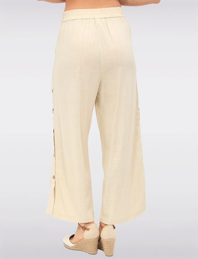 Pantalon Large en Mélange de Lin à Boutons & Plis Frontaux par Julia Paradis