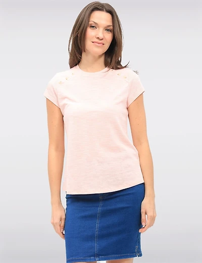 Haut Rayé à Manches Courtes en Mélange de Coton avec Détails Boutons par GWV