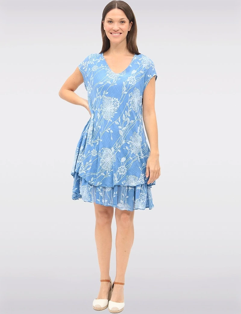 Robe Chic en Coton à Deux Niveaux avec Imprimé Floral et Col V par Froccella