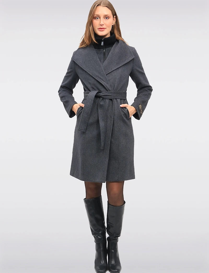 Manteau Long en Mélange de Laine à Col Revers Plastron & Ceinture par Sicily
