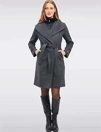 Manteau Long en Mélange de Laine à Col Revers Plastron & Ceinture par Sicily