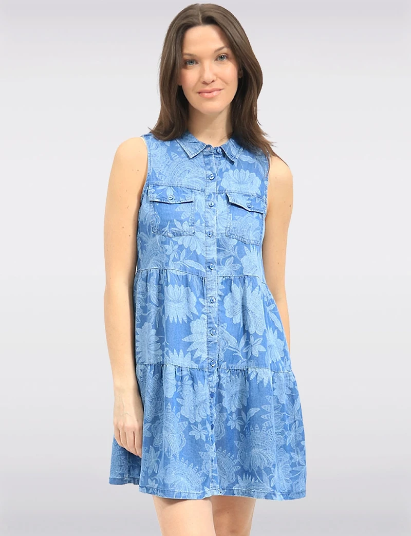 Robe Fluide Sans Manches À Fleurs Boutonnée Longueur Genou Par Point Zero