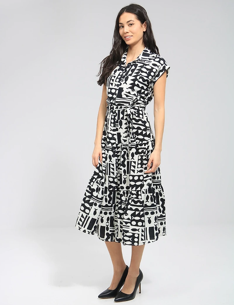 Robe Mi-Longue Rétro Imprimé Abstrait avec Ceinture & Manches Courtes Point Zero