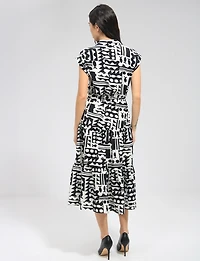 Robe Mi-Longue Rétro Imprimé Abstrait avec Ceinture & Manches Courtes Point Zero