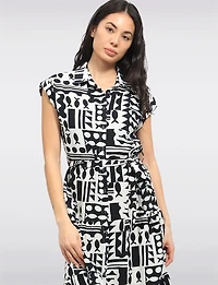 Robe Mi-Longue Rétro Imprimé Abstrait avec Ceinture & Manches Courtes Point Zero