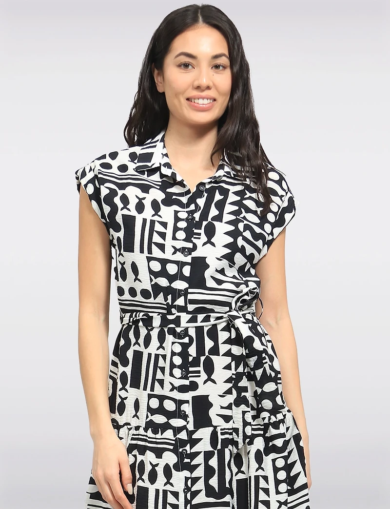 Robe Mi-Longue Rétro Imprimé Abstrait avec Ceinture & Manches Courtes Point Zero