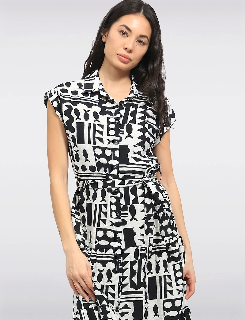 Robe Mi-Longue Rétro Imprimé Abstrait avec Ceinture & Manches Courtes Point Zero