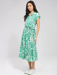 Robe Mi-Longue Rétro Imprimé Abstrait avec Ceinture & Manches Courtes Point Zero