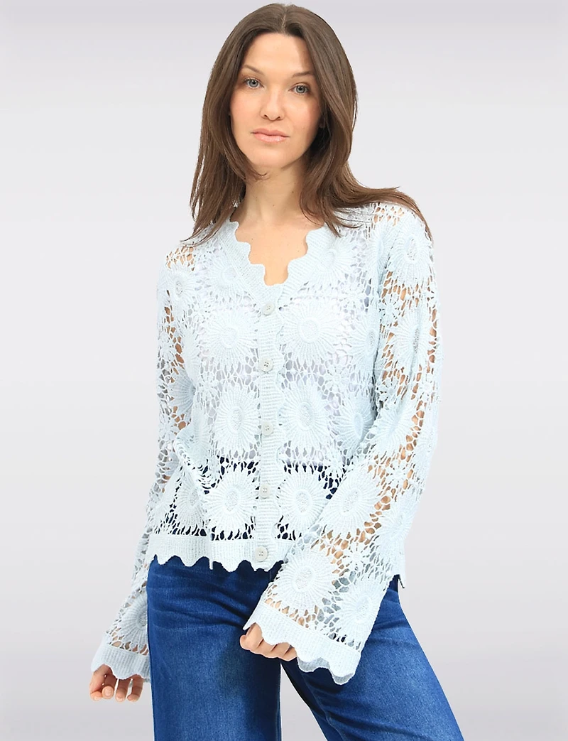 Cardigan Polyvalent En Crochet À Motif Floral & Bords Festonnés Par Point Zero