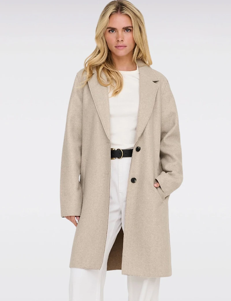 Manteau Chic Mi-Long à Boutonnage Simple avec Col Cranté et Bords Bruts par Only