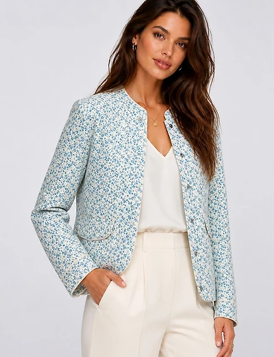 Manteau Matelassé Court Motif Paisley Bleu & Crème à Poches Plaquées par Only
