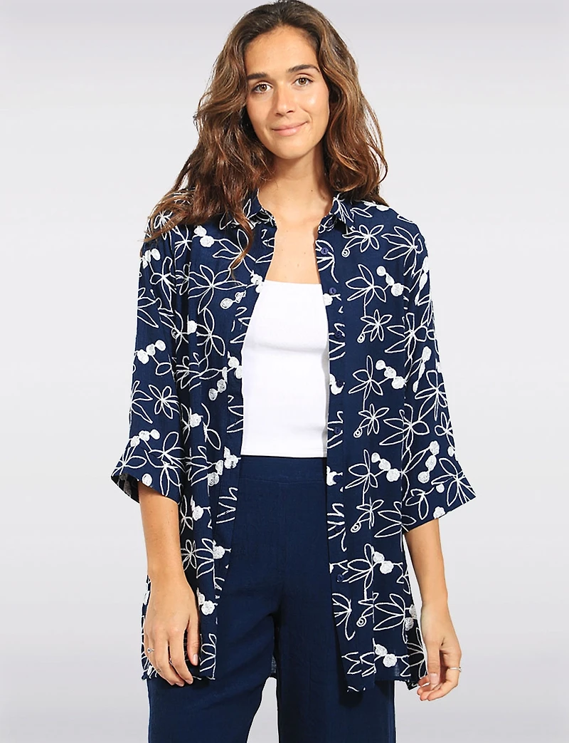 Blouse Tunique Broderie Botanique avec Manches 3/4 et Fentes Latérales Goa