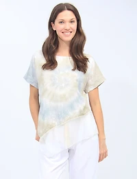 Haut Goa Asymétrique Fluide Mélange Lin - Manches Courtes avec Motif Tie-Dye