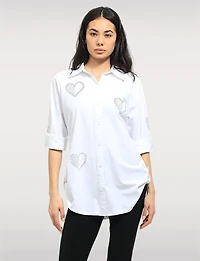 Chemise Coton Extensible à Cœurs – Manches 3/4 Retroussables Ourlet Arrondi Goa