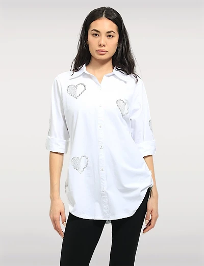 Chemise Coton Extensible à Cœurs – Manches 3/4 Retroussables Ourlet Arrondi Goa