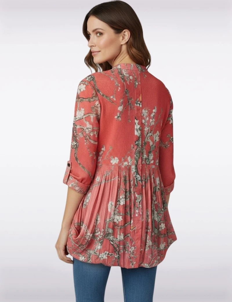 Tunique Col Chemise Imprimé Fleur - Cerisier Plissée Coupe Ample Rouge par Lindi