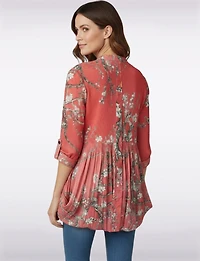 Tunique Col Chemise Imprimé Fleur - Cerisier Plissée Coupe Ample Rouge par Lindi