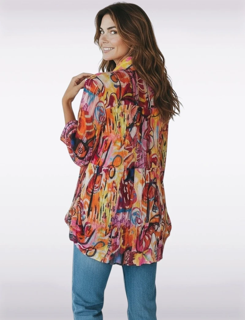 Tunique Col Chemise Imprimé Abstrait Plissée Coupe Ample en Rouge par Lindi