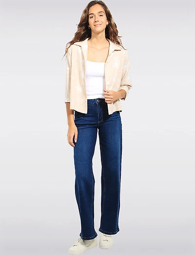 Veste Boutonnée À Manches 3/4 Motif Floral Brodé Coupe Droite & Courte Par Devia
