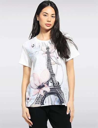 Haut Manches Courtes Avec Strass & Motif Tour Eiffel Par Fashion Collection