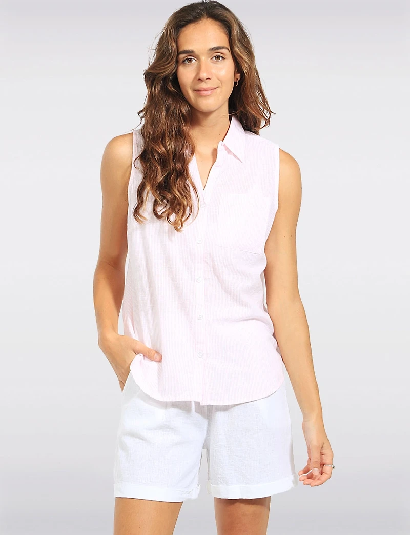 Chemise Sans Manches Rayures Rose Fines Coupe Droite et Ourlet Arrondi par Dash