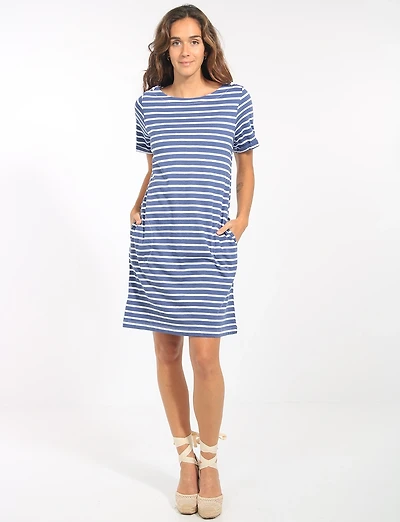 Robe Rayée en Coton à Col Bateau Épaules Lacées & Poches Latérales par Erika