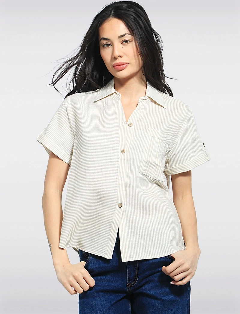 Chemise Légère Rayée à Manches Courtes en Mélange de Lin par Julia Paradis