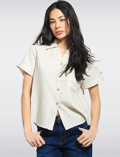 Chemise Légère Rayée à Manches Courtes en Mélange de Lin par Julia Paradis