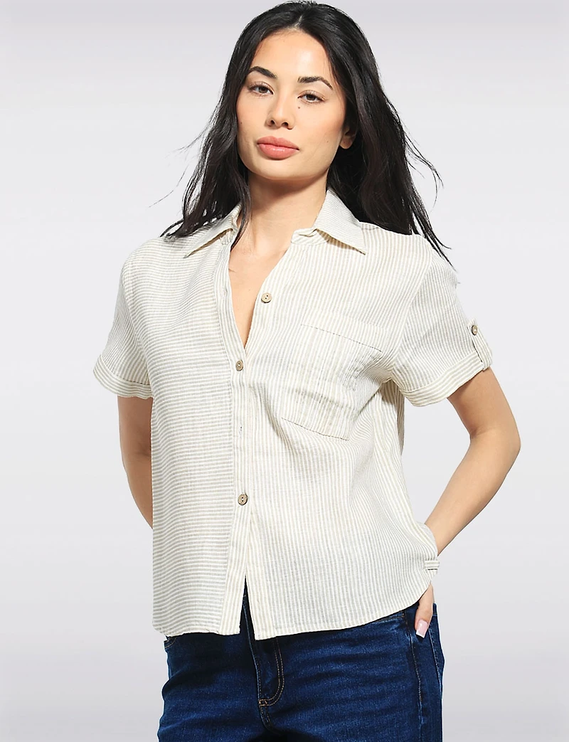 Chemise Légère Rayée à Manches Courtes en Mélange de Lin par Julia Paradis