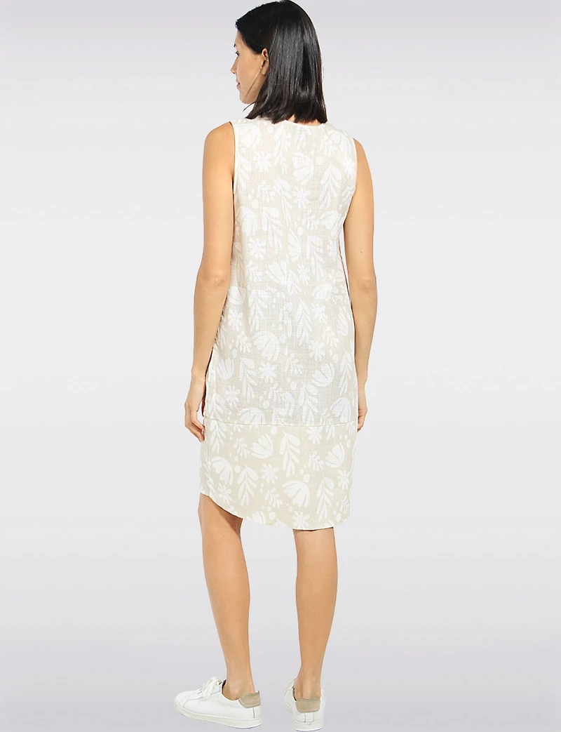 Robe en Lin Sans Manches Coupe Ballon Motif Floral Ourlet Asymétrique Arrondie